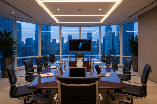 Empty executive boardroom at dusk with city skyline